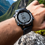 **

*   **Prompt:** Rugged Garmin Fenix smartwatch on a rocky mountain trail, demonstrating durability. Close-up. Focus on the Sapphire glass and titanium build. A Thai hiker in the background admiring the view.

**