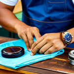 **

A Thai artisan meticulously cleaning a solar-powered wristwatch with a soft microfiber cloth in a brightly lit workshop. Various watchmaking tools are neatly arranged on a wooden workbench. The watch is modern with a stainless steel band. Focus on the detail of the watch face and the artisan's focused expression. Safe for work, appropriate content, fully clothed, professional, perfect anatomy, natural proportions, high quality.

**