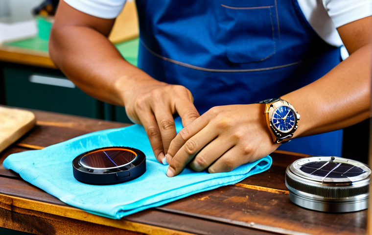 **

A Thai artisan meticulously cleaning a solar-powered wristwatch with a soft microfiber cloth in a brightly lit workshop. Various watchmaking tools are neatly arranged on a wooden workbench. The watch is modern with a stainless steel band. Focus on the detail of the watch face and the artisan's focused expression. Safe for work, appropriate content, fully clothed, professional, perfect anatomy, natural proportions, high quality.

**